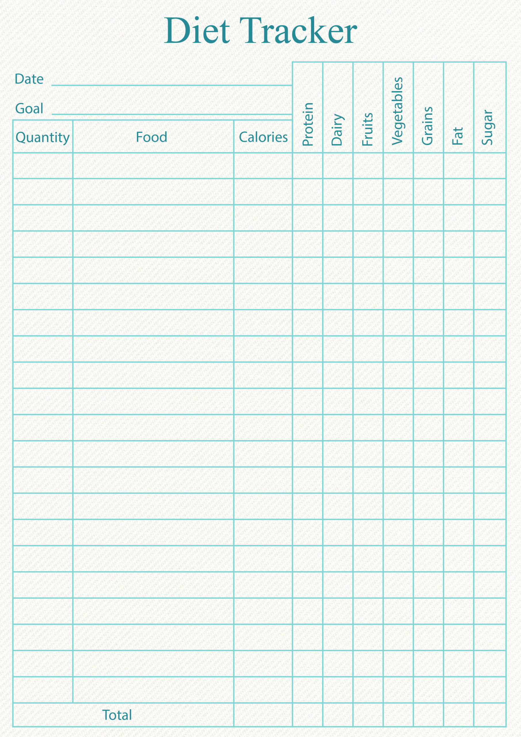 Diet Tracker Colour Date Goal Notes Size Food Calories Protein 